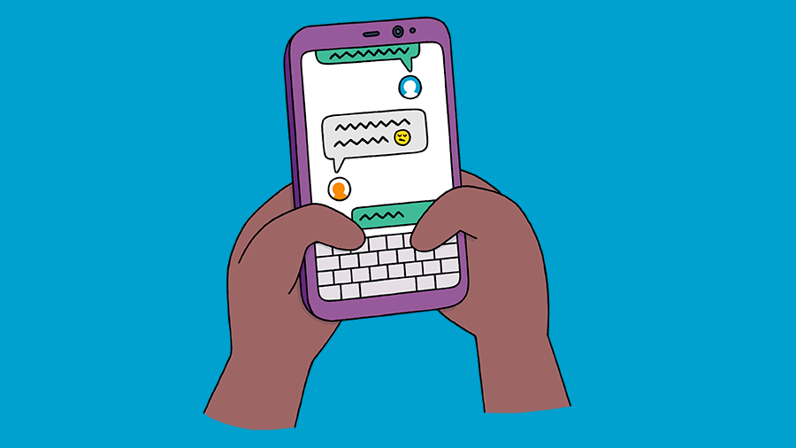 Illustration of hands sending a message on a phone.