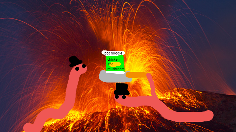 worms cooking a pot noodle on a volcano