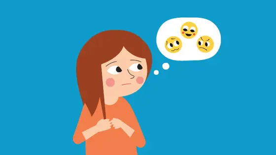 Illustration of a young person with a thought bubble with different emojis inside
