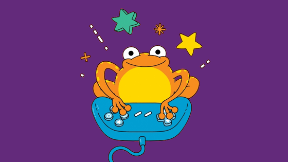 A frog playing computer games