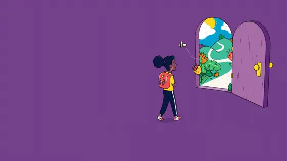 Illustration of a young girl walking through a door into an enchanted world