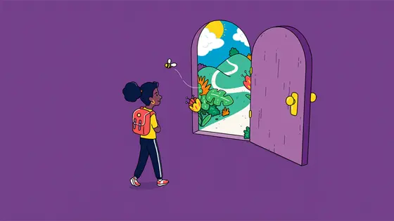 Illustration of a young girl walking through a door into an enchanted world.