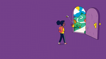 Illustration of a young girl walking through a door into an enchanted world