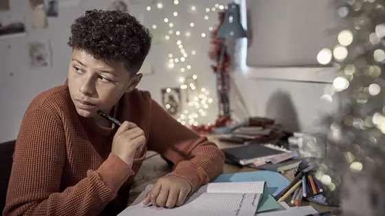 Teenage boy sat at a desk studying