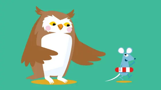 Illustration of an owl with a mouse who is wearing a lifering