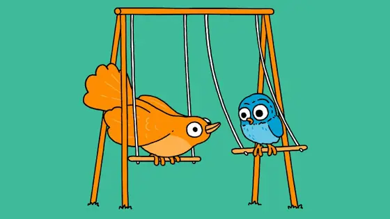 Illustration of 2 birds on swings talking to each other